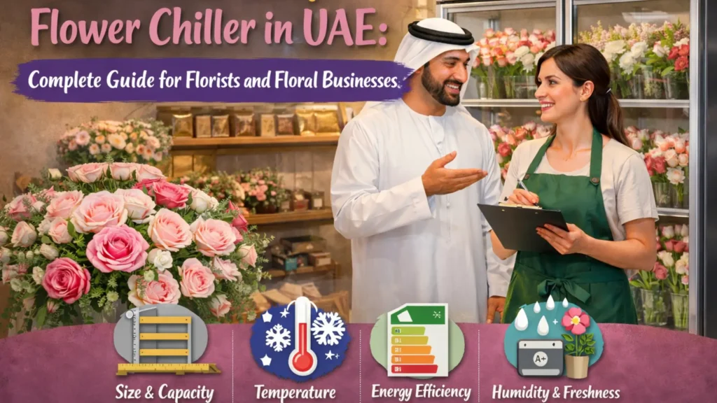 Florist checking flower chiller in UAE shop