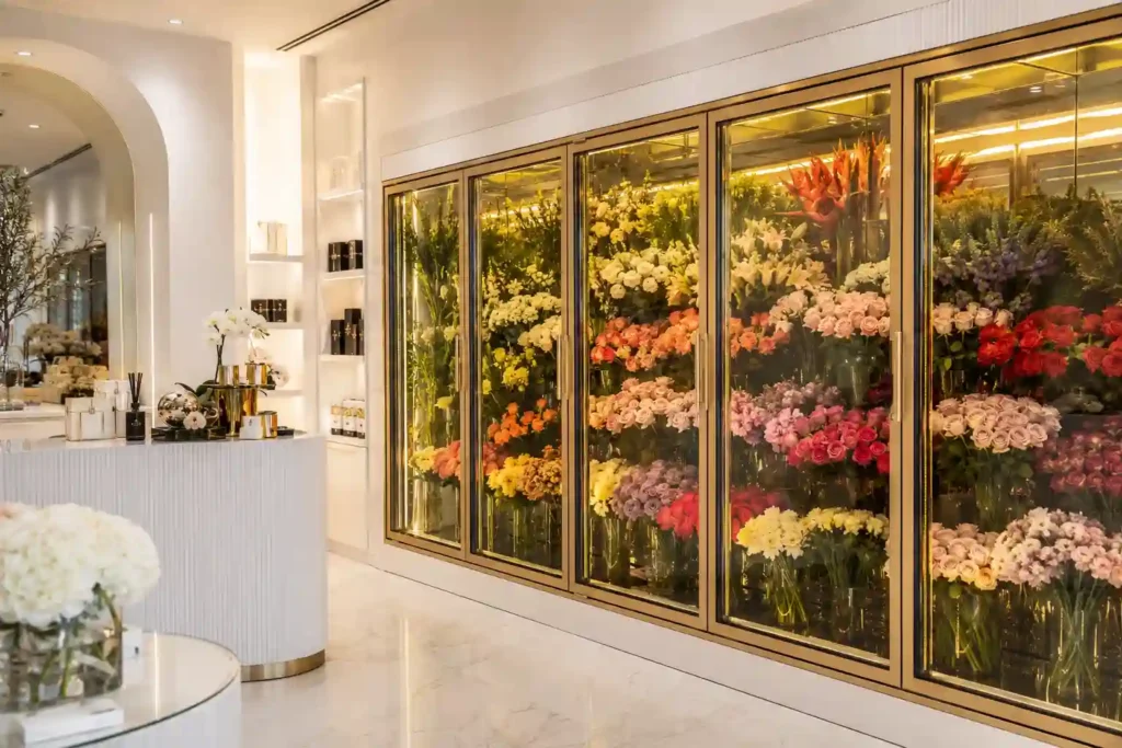 Display floral cooler for fresh flower storage in Dubai florist shop