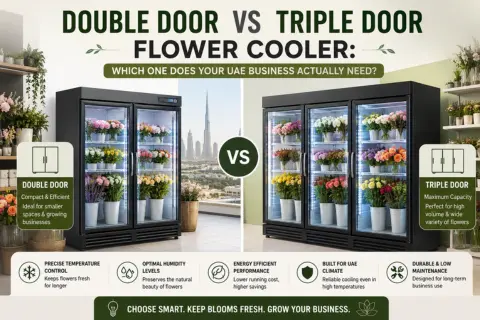 Side-by-side comparison of a double door Vs triple door flower cooler in UAE floral shop.