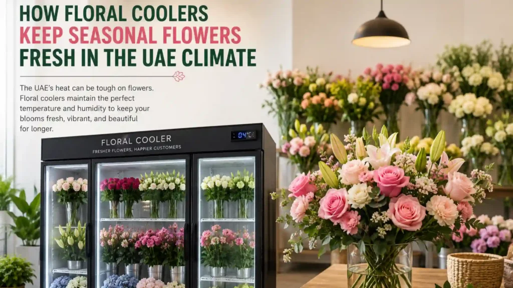 Floral cooler storing fresh seasonal flowers in a temperature-controlled environment to protect blooms from the hot UAE climate