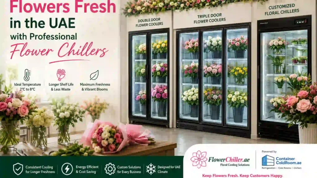 Fresh flowers displayed inside commercial floral coolers designed for flower shops and florists in Dubai, UAE