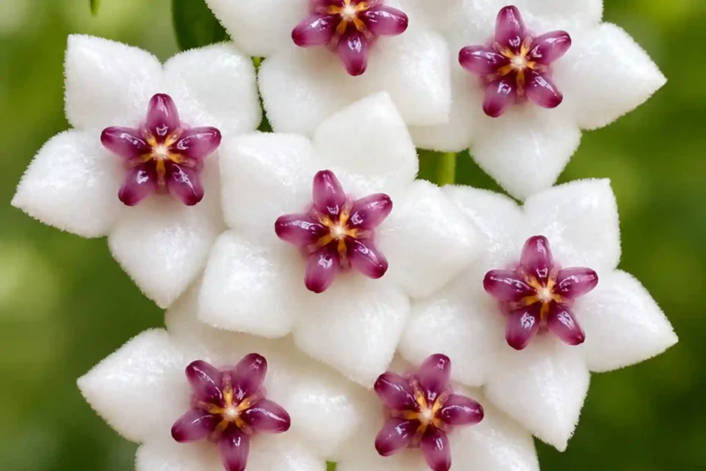Healthy Hoya plant with white and purple star-shaped flowers, glossy green foliage, and vibrant blooms, demonstrating proper Hoya plant care and flowering growth.