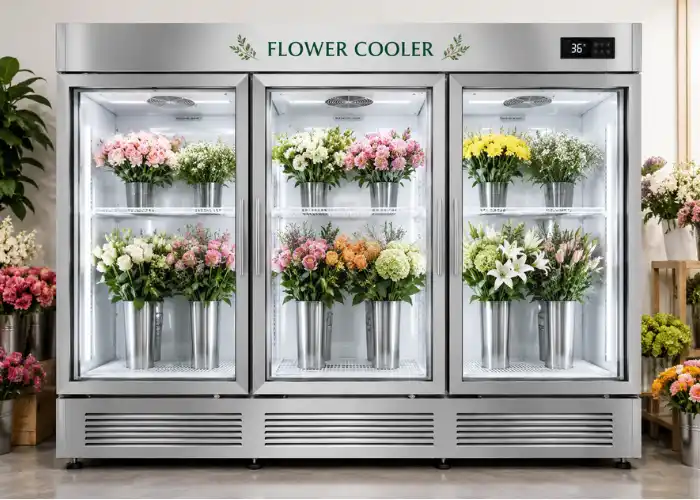 Triple-door commercial flower cooler with glass display doors, filled with fresh roses, lilies, hydrangeas, and mixed floral arrangements.
