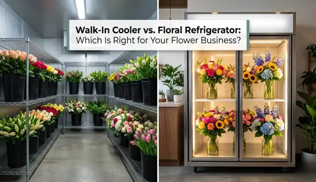 Walk-in cooler and floral refrigerator storing fresh flowers in a professional flower shop environment.