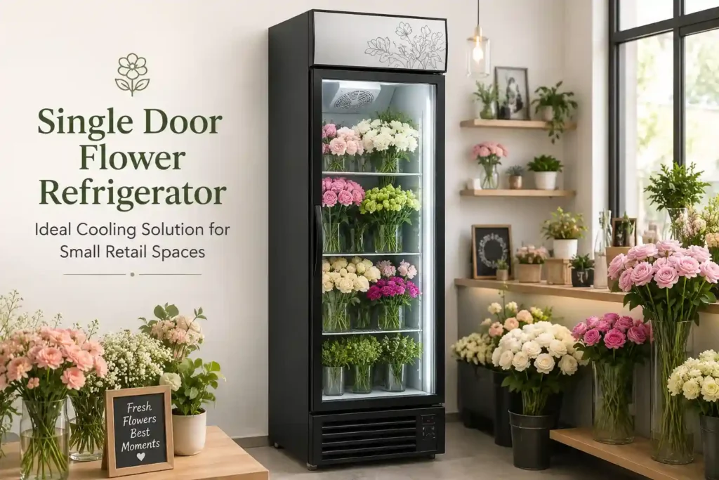Single door flower refrigerator for keeping cut flowers fresh in a small retail flower shop
