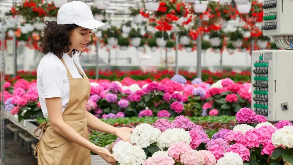 Fresh hydrangeas stored in a professional flower cold storage room