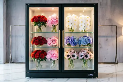 Double door flower cooler for fresh flower storage in a UAE florist shop