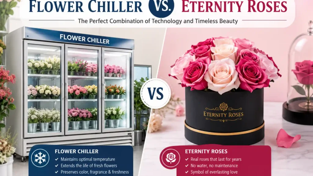 Flower Chiller vs. Eternity Roses comparison showing a commercial floral refrigerator filled with fresh flowers beside a luxury box of preserved eternity roses, highlighting the difference between refrigerated fresh flower storage and long-lasting preserved roses.