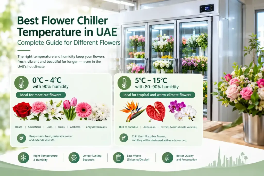 Best flower chiller temperature in UAE for different flowers, showing ideal cooling temperatures for roses, lilies, tulips, gerberas, chrysanthemums, orchids, anthuriums and bird of paradise.