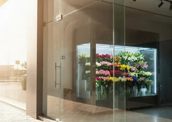 Flower.ae glass-fronted display flower chiller in a minimalist Dubai florist shop with track lighting and fresh roses.