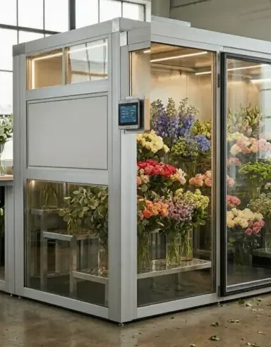 Modular walk-in flower chiller by flowerchiller.ae with fresh bouquets behind glass display panels.
