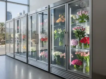 Flower display cooler with glass doors