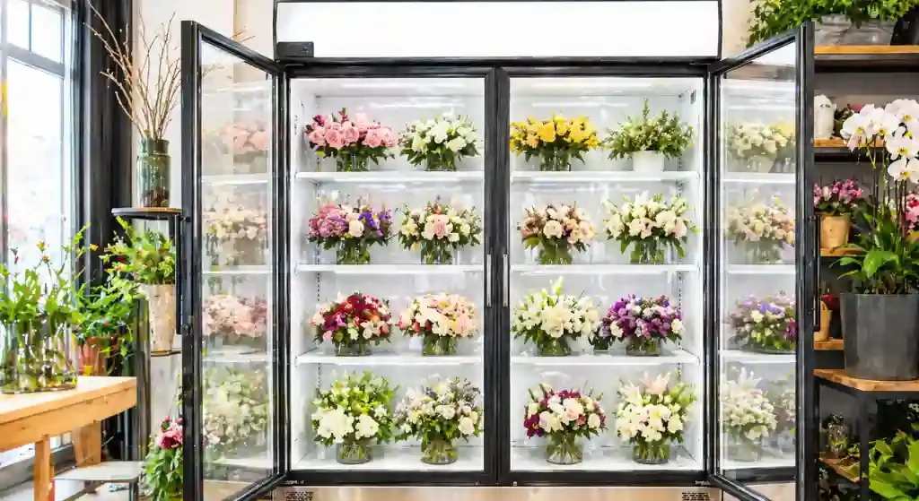 Double door flower cooler in UAE for florist flower storage and display
