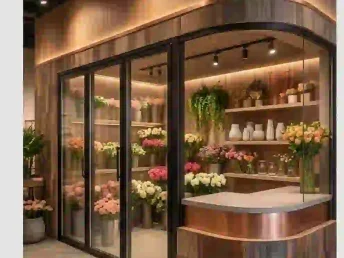 A glass-front refrigerator filled with fresh flower arrangements.