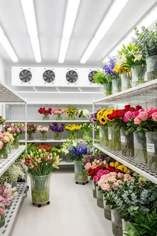 Commercial walk-in flower chiller in Dubai, UAE, brightly lit and stocked with fresh, vibrant roses, tulips, and sunflowers on white display racks.